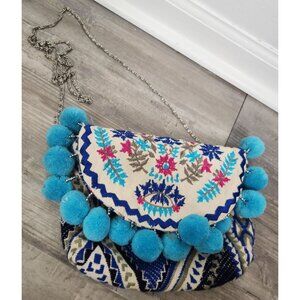 Paper Source Women's Boho Pink & Blue Silver Chain Crossbody Bag